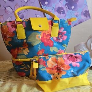 Floral Canvas Tote Bag with Pouch - Yellow & Blue